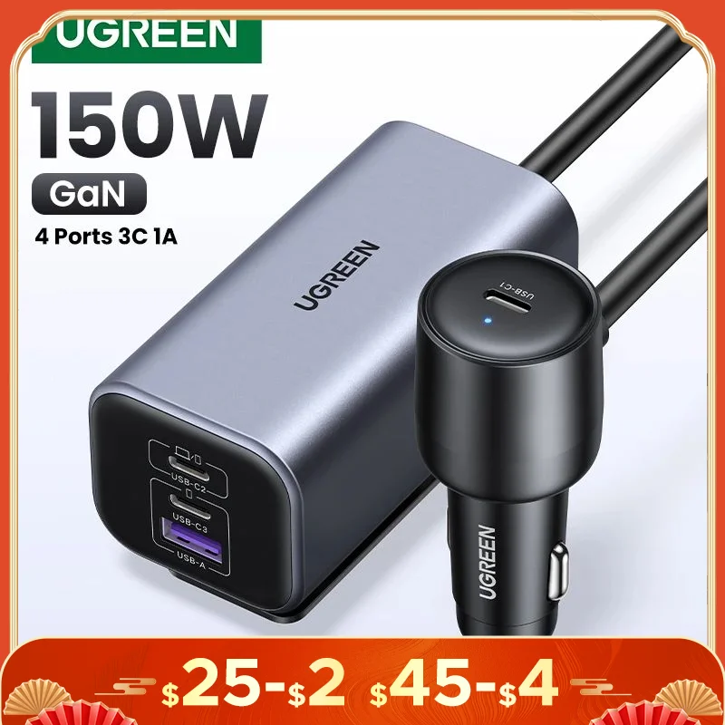 UGREEN Car Charger 150W Fast Charge Extender 4 USB Devices GaN Charger for iPhone 16 15 USB C Charger for iPad Notebook