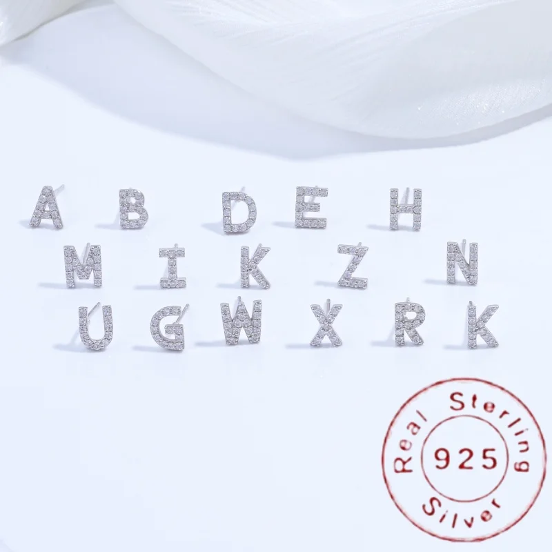 S925 Sterling Silver Ear Needle 26 Letters Small Earrings Zircon Exquisite Letter Earrings Cute Girls Jewelry Gifts