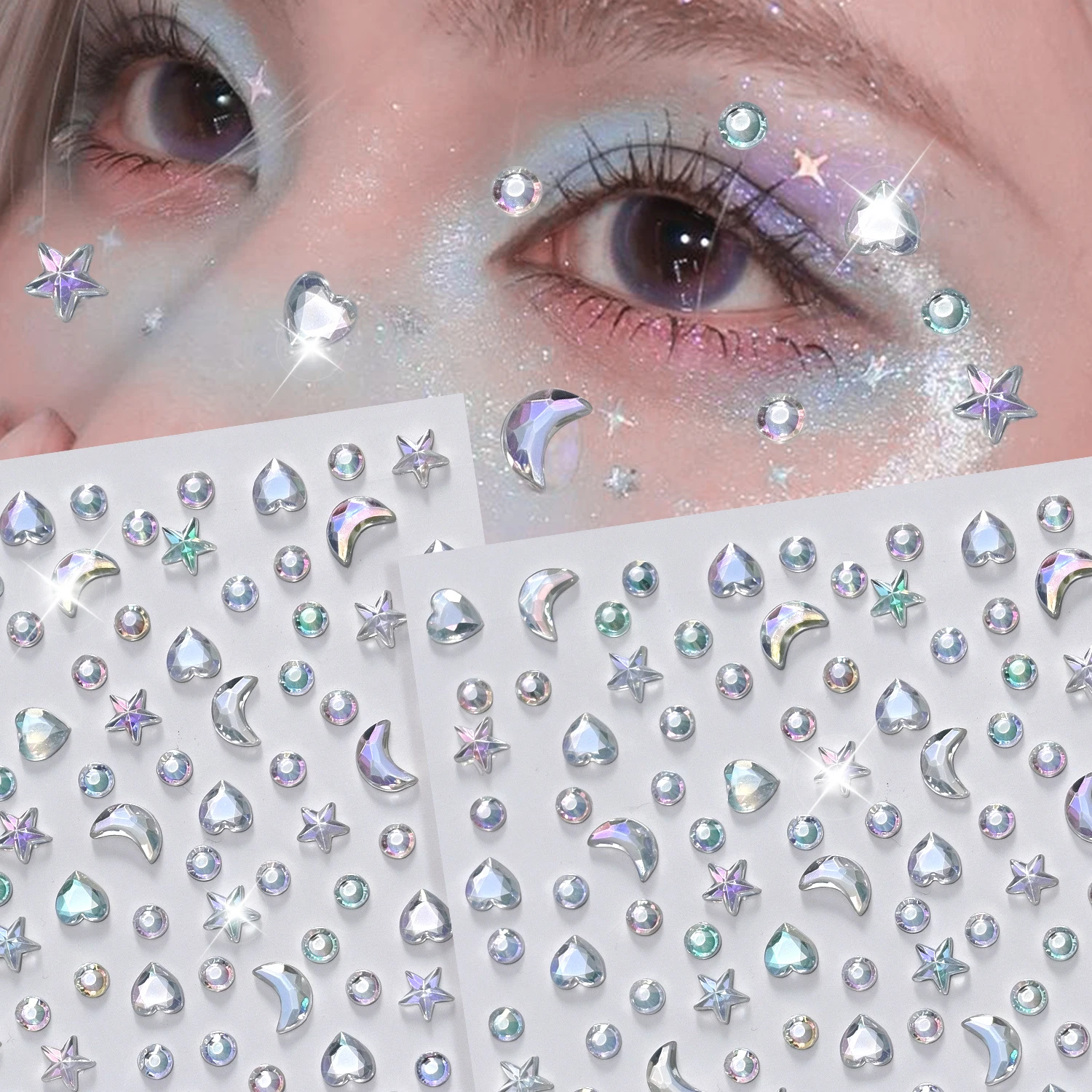 1Sheet 3D Iridescent Face Gems Stickers Mixed Star Moon Heart Round Rhinestone Self Adhesive Decals Shiny Jewels Body Eye Decor