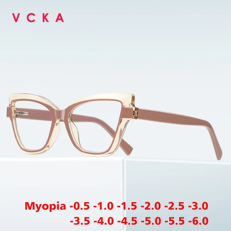 VCKA Cat Eyes Anti-Blue Light Myopia Glasses Frame Duotone Retro Photochromic Women Men Prescription Optics Eyewear -0.50 to -10