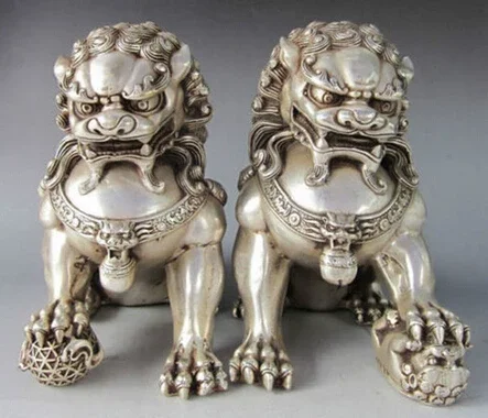 

Copper Brass CHINESE crafts Asian A Pair of Elaborate Chinese Tibetan Silver Guardian Lion Foo Fu Dog Statues