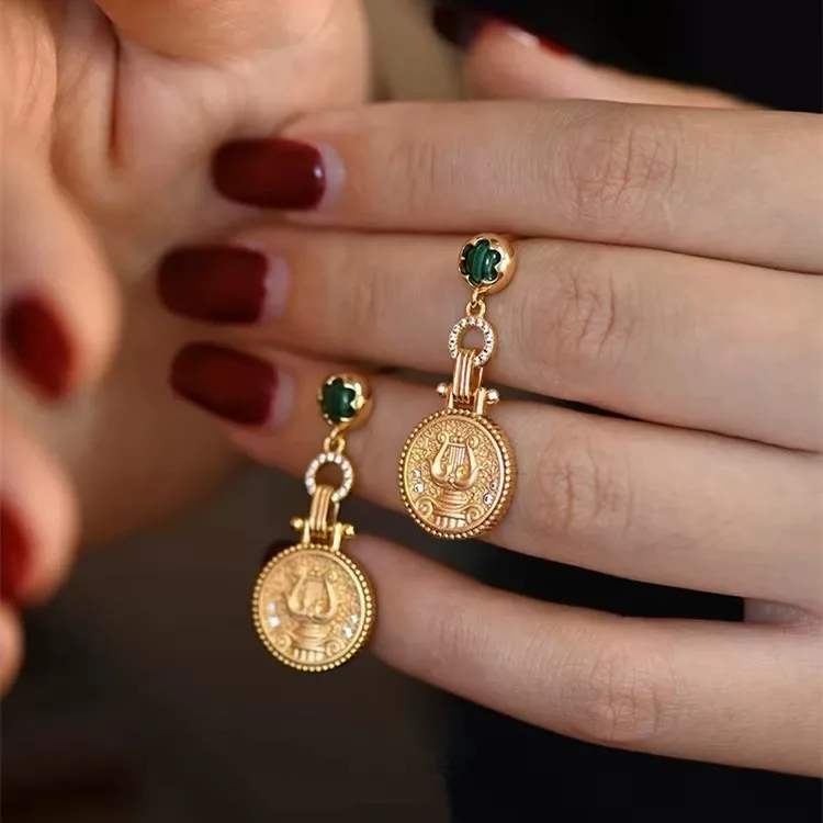 Orignal Design 925 Silver Natural Malachite Ancient Roman Coin Ear Drop Dangle Engraved Harp 16th Century Antique Jewelry Copy