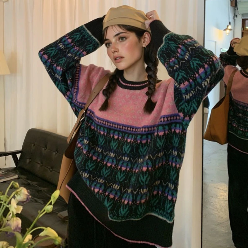 

Модный осенний женский пуловер с круглым вырезом и длинными рукавами, зимний винтажный стиль, элегантный вязаный топ, свободный повседневный трикотаж