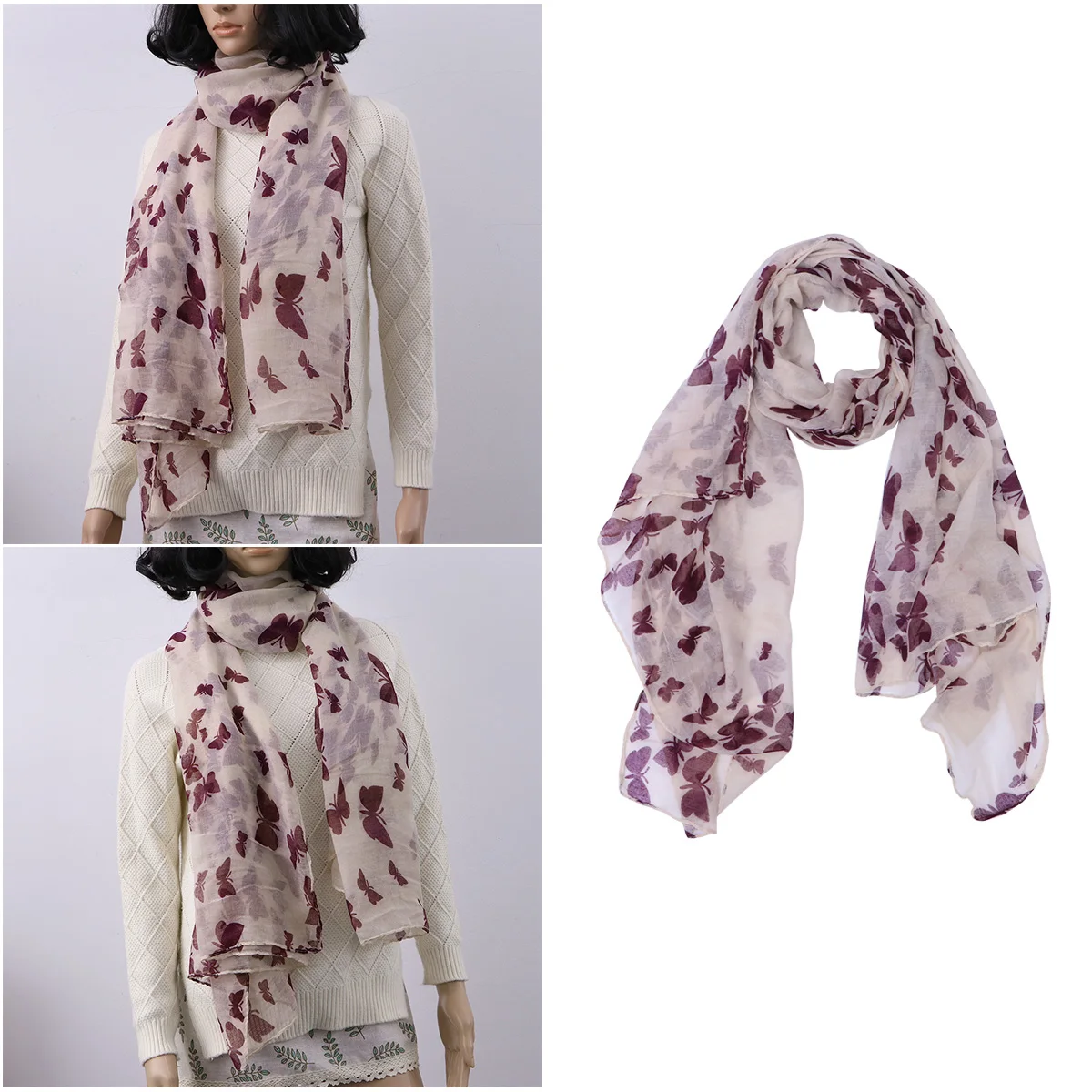 Bufanda de gasa de 180x100cm, chal suave para mujeres y niñas, largo Beige con estampado de mariposa, envoltura cálida para el cuello para las cuatro estaciones, cómoda