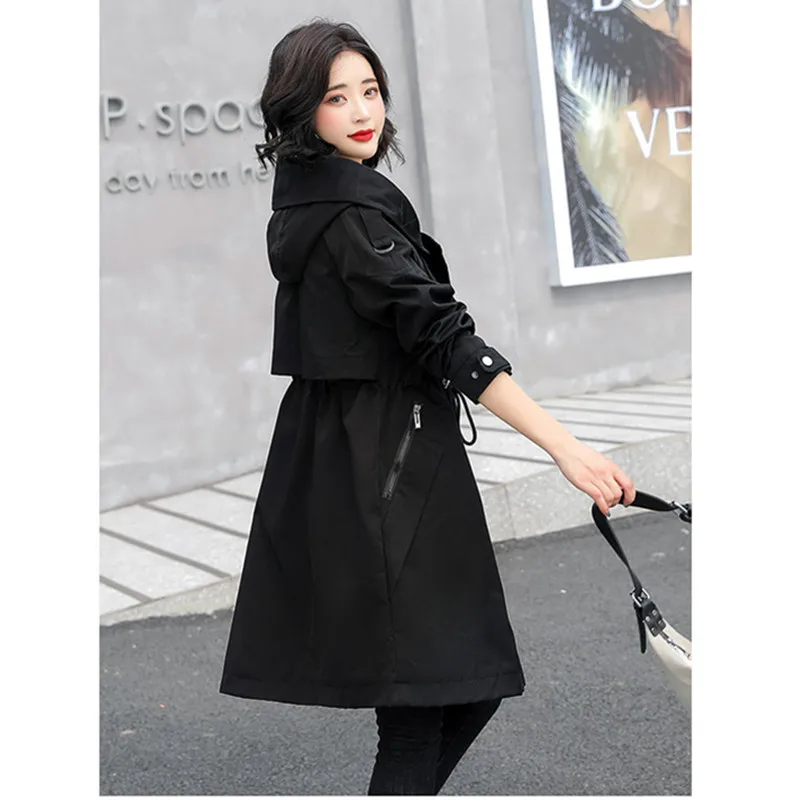 Korean Trench Coat For Women 2024 Spring Autumn Medium To Long Overcoat Casual Hooded Drawstring The Waist Windbreaker Female