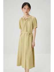 ZIQIAO Summer Women Green Long Dress Drape Short Sleeve Sashes Decoration Female Loose Dresses Holiday Style Dress 24ZQ92490