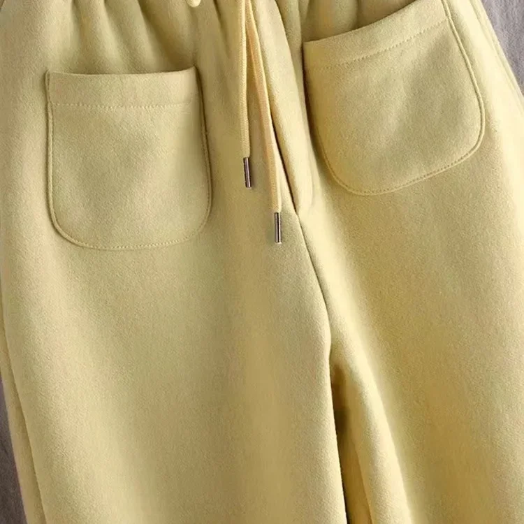 PopPopTrendy Creamy Yellow Fleece Lined Women's Pants Winter Loose American Style Casual Trousers Beautifully Cuffed Comfortable