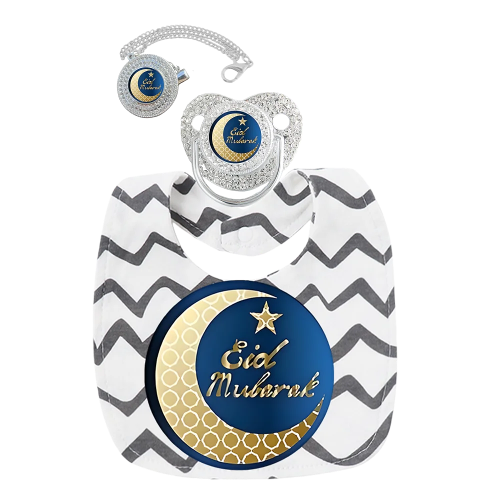 Arabic Calligraphy Muslim Print Pacifier Newborn with Baby Chain Clip Toddler Bib 3Pcs Set Soother Dummy Silicone BPA Free