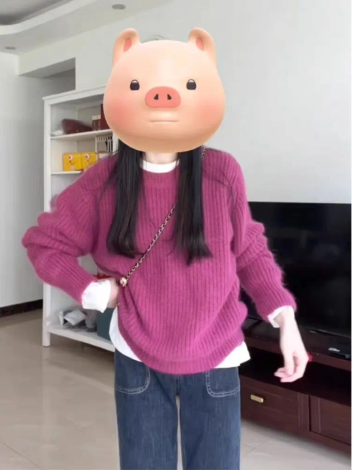 

Dragon Fruit Colored Lazy Women's Knitted Sweater Base irt Overhead Spring Autumn Loose Fit Long Sve round Ne Top