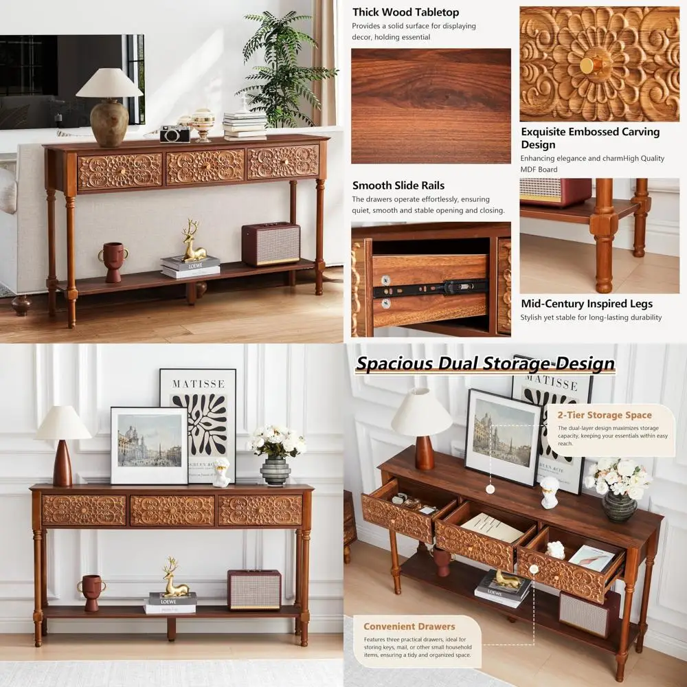 Meja Konsol 3 Laci Gaya Mid-Century Modern dengan Permukaan Mengkilap Bermotif Bunga dan Kaki Kayu Solid, Meja Sofa 2 Tingkat untuk Ruang Tamu