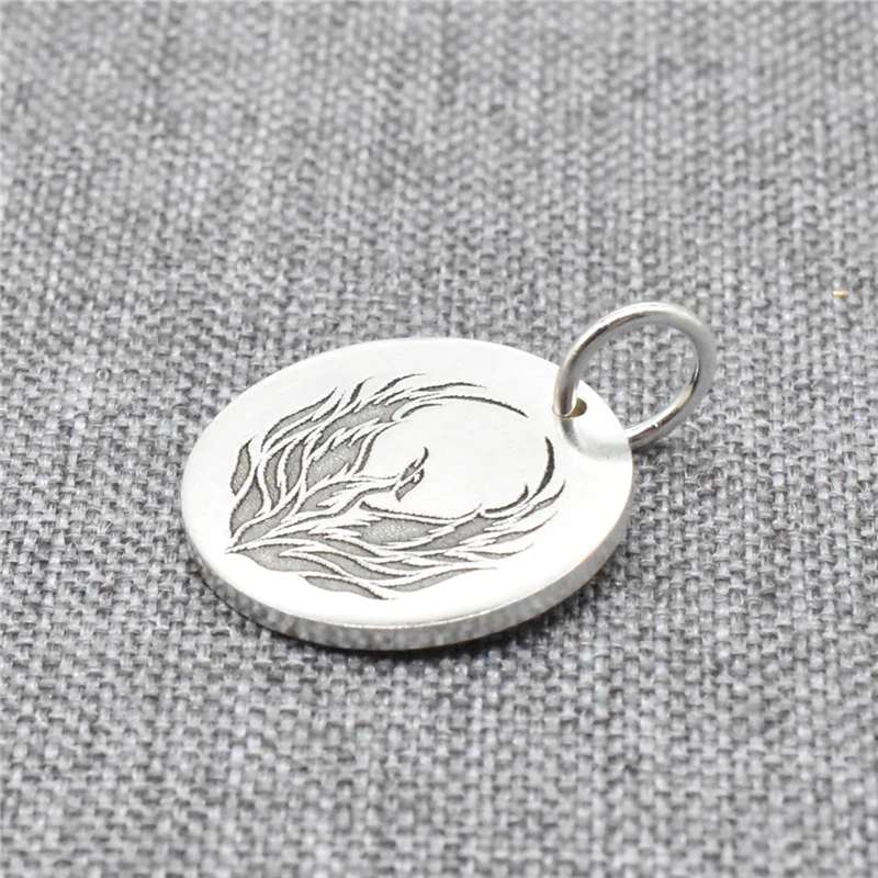 Sterling Silver Engraved Phoenix Charm 925 Silver Custom Disc Necklace Pendant
