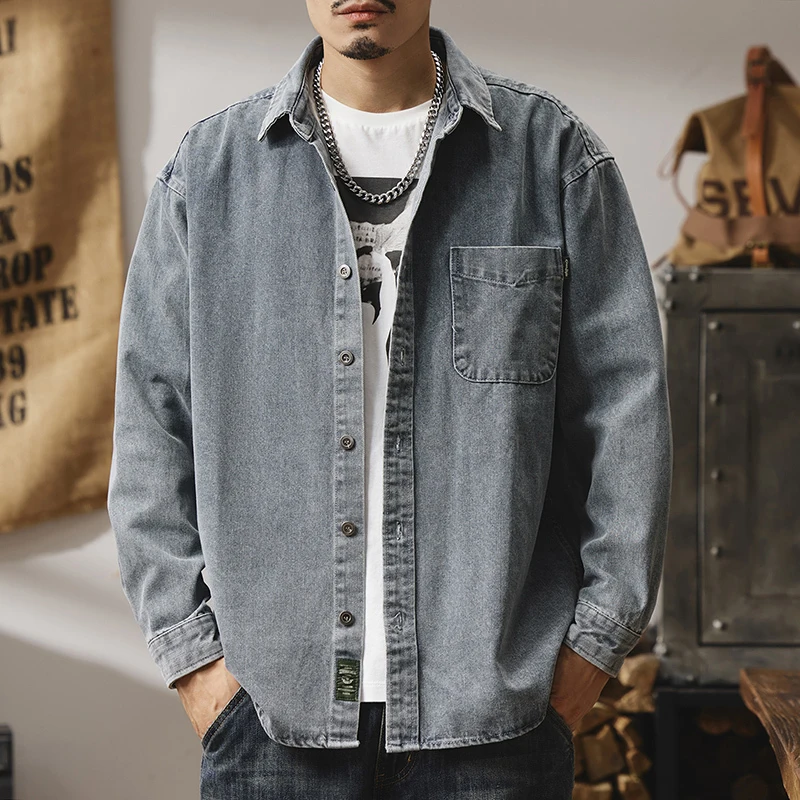 Camicia di jeans da uomo, giacca da lavoro blu americana primaverile e autunnale, giacca a maniche lunghe antirughe casual per giovani di inizio autunno