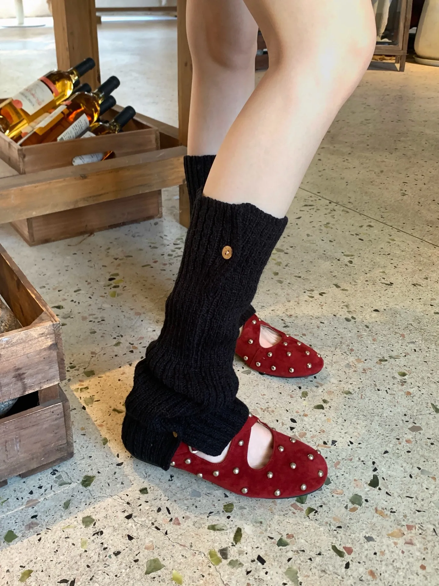1Pair Women Black Wood‑Look Button‑Split Chunky Knit Leg Warmers Ribbed Slouchy Calf Covers Retro Preppy Style