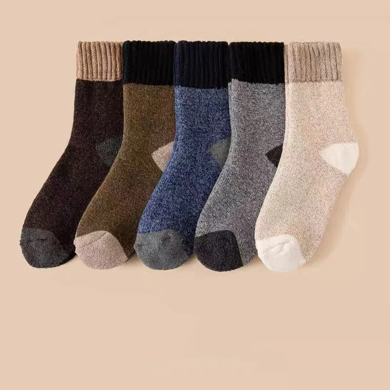 

5Pairs/Lot Winter Warm Men's Socks Cold Resistant Wool Men's Super Thick Solid Merino Wool Women's Mid-tube Snow Socks EU38-46