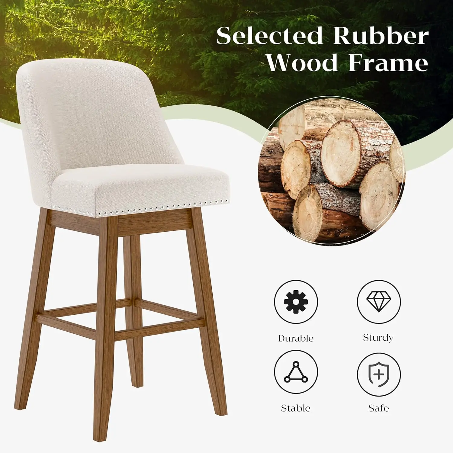 Taburetes de Bar Giratorios con Altura de Mostrador, Juego de 2 Taburetes Tapizados con Altura de Asiento de 30 Pulgadas, Patas de Madera Maciza con Reposapiés, Personalizables