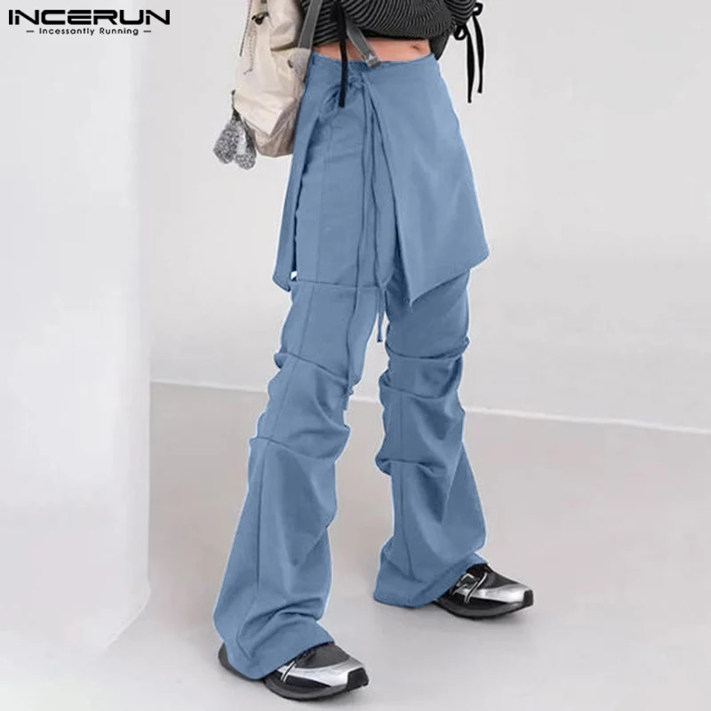 INCERUN Casual Loose Deconstruction Trousers Men Multilayer Solid Color Long Pants 2024 Handsome Simple Ruffled Harajuku Bottoms