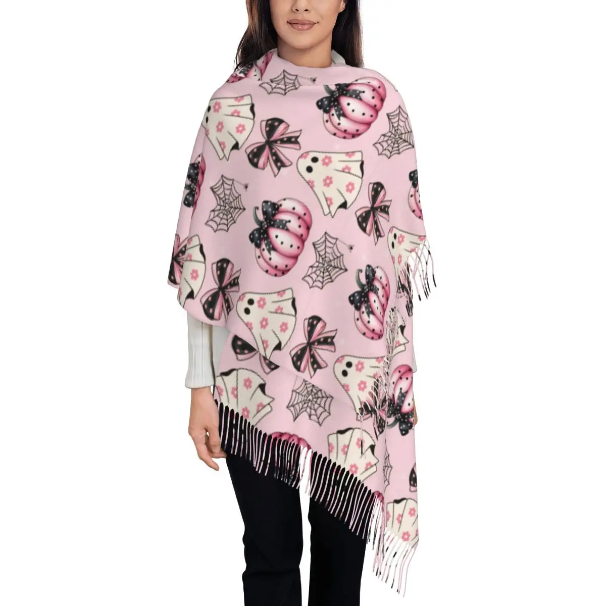 Ghost Halloween Shawl Wraps for Women Warm Single-sided Pattern Scarf Pink Coquette Ghost Pashminas Shawl Scarves