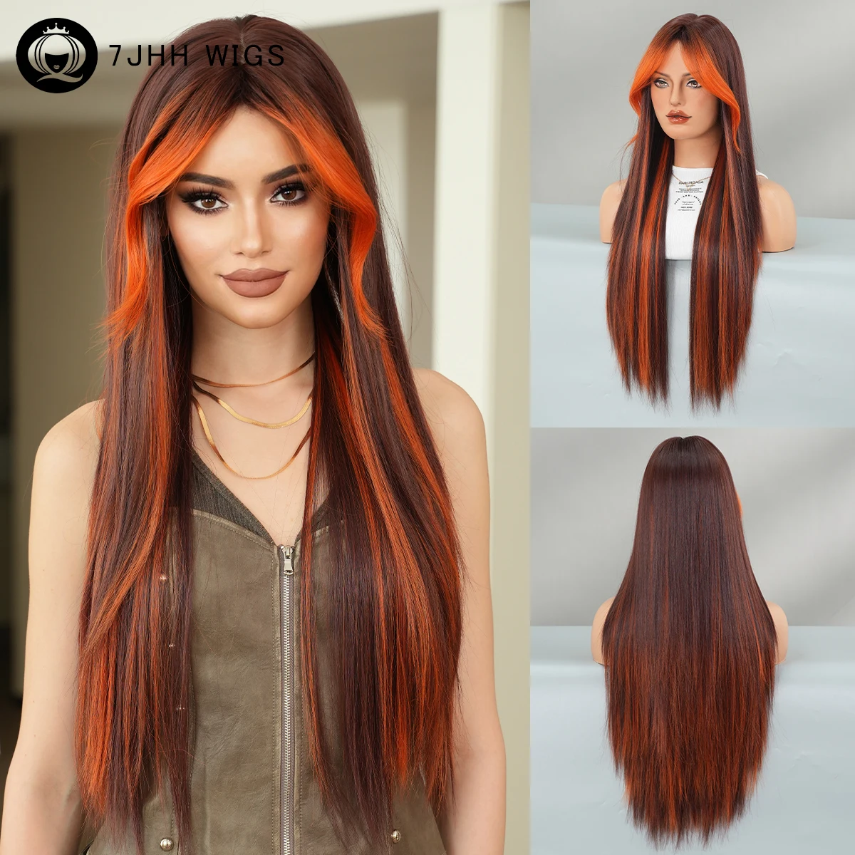 Long Straight Brown Highlight Orange Wig for Women High Density Synthetic Modest Fashion Middle Part Wigs with Curtain Bangs