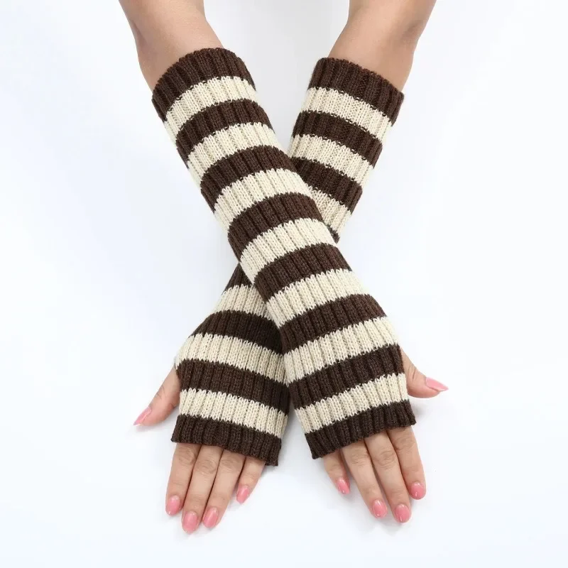 30cm Knitted Arm Warm Gloves Goth Arm Warmers Half Finger Long Wrist Gloves False Sleeves Stripe Elbow Mittens Autumn Winter