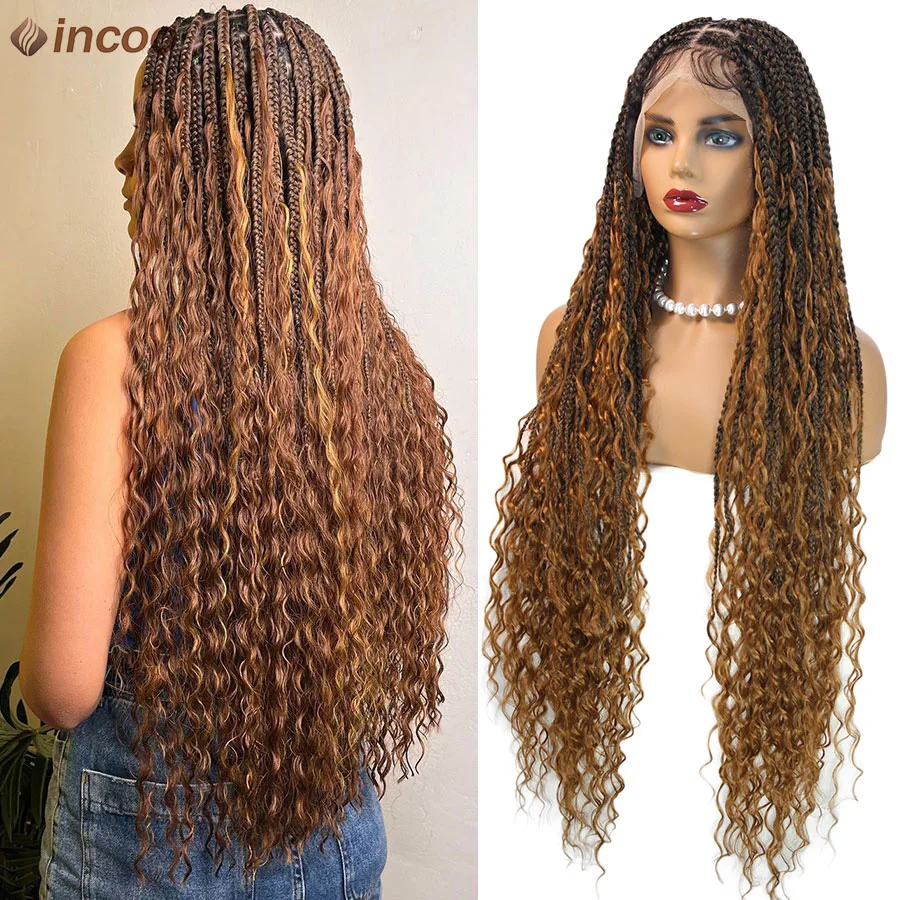 Boho Box Braided Wigs For Black Women 36Inch Knotless Full Lace Cornrow Wig Goddess Square Part Braids Wig With Curly Hair Ends