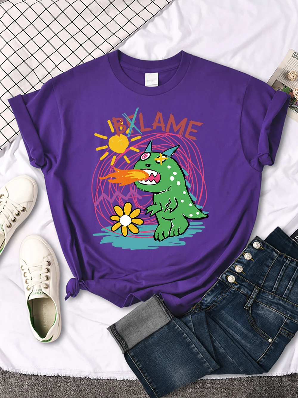 Late Little Dinosaur Spewing Flames Prints Retro Women Tee Shirt Casual T-Shirt Breathable Sport Short Sleeve Comfortable Top