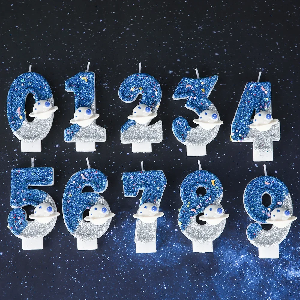 Space planet sparkling birthday candles, silver gray blue glitter numbers, outer space themed cake decoration