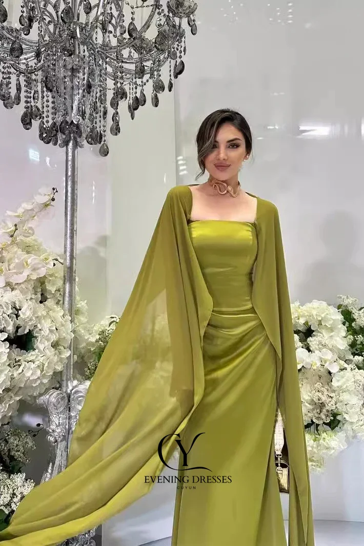 CUYUN Customized Sage Green Evening Gown Saudi Dubai Cape Sleeves Women Prom Party Gown Formal Event Dresses for Women