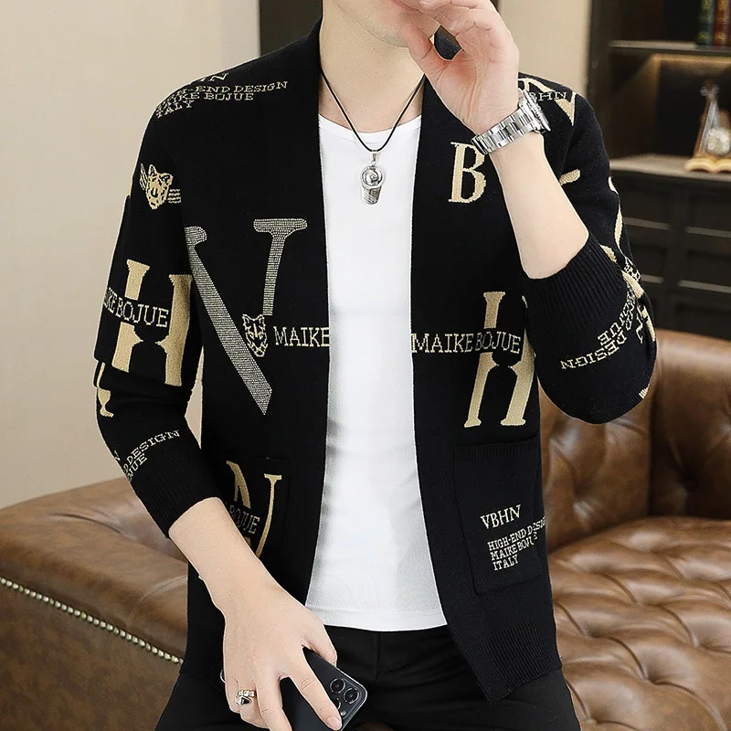 

High end brand Print knitted cardigan men's Spring Autumn New Exquisite Printing Fashion Casual Shawl Sweater Coat