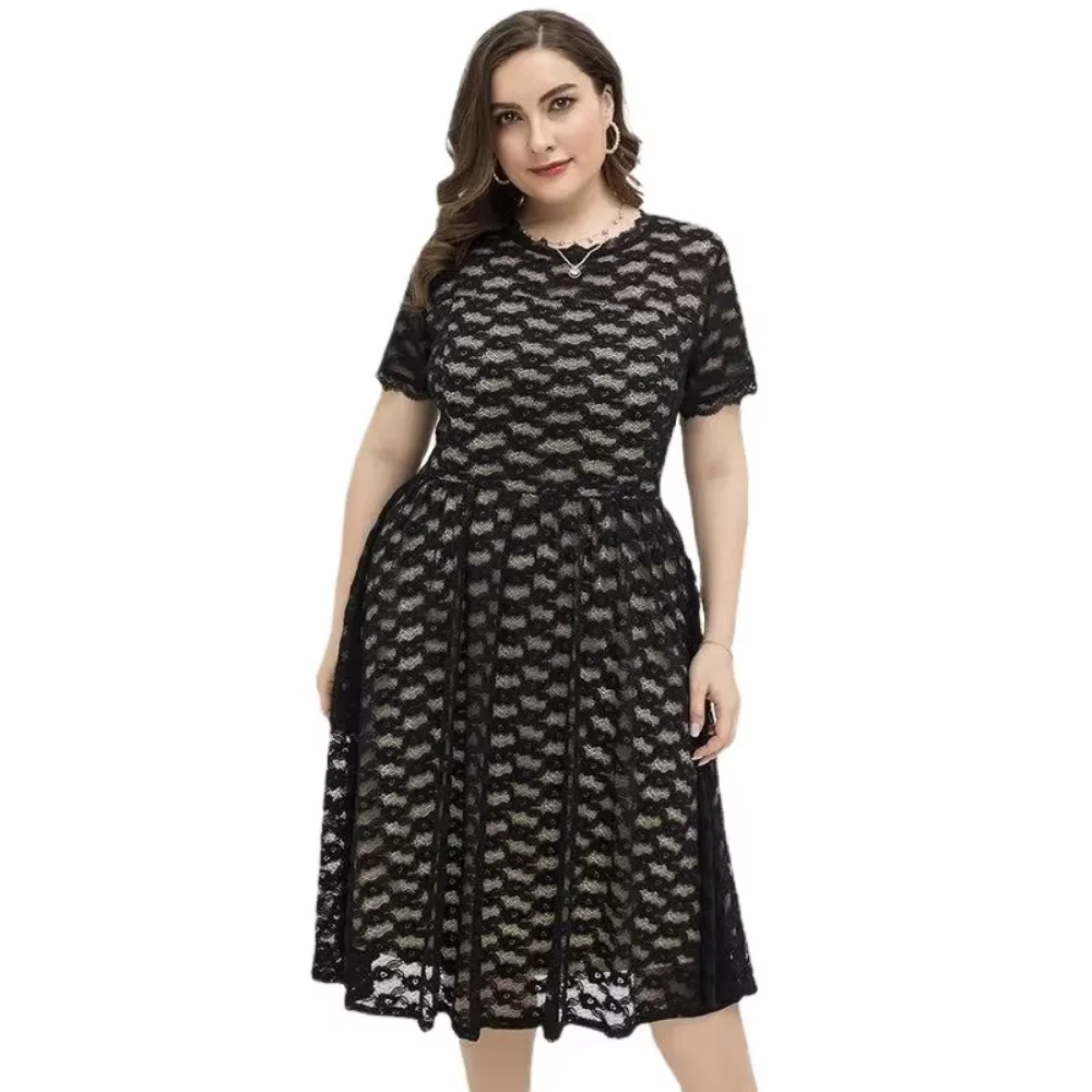 Plus Size Women\'s Elegant Sexy Slim Fit Short Sleeve Lace Dress for Plump Sisters