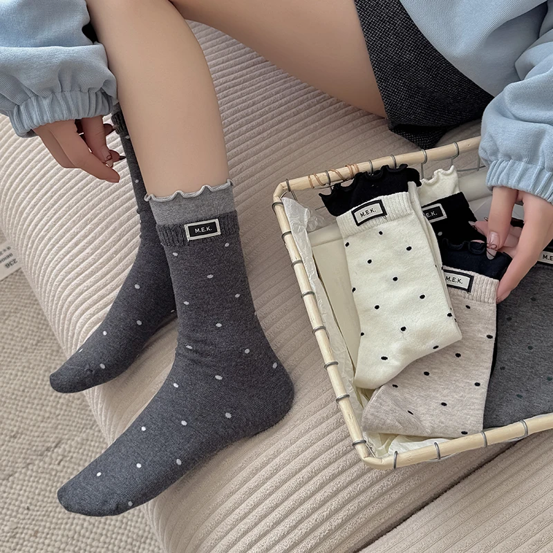 1-5Pairs Sheer Polka Dot Slouchy Socks Mid Calf Ruffled Edge Lightweight Ballet Style Cute Lace Trim Socks for Sneakers Loafers