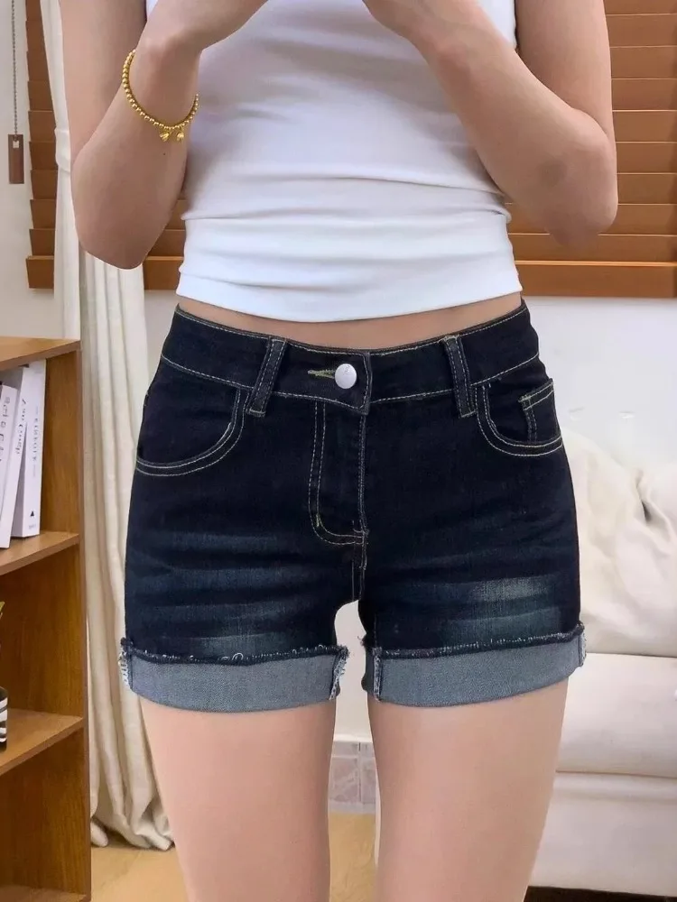 American Style Deep Blue Design Cuffed Denim Shorts Women Summer High Waist Sexy  A-Line Hot Pants Casual Commute Style