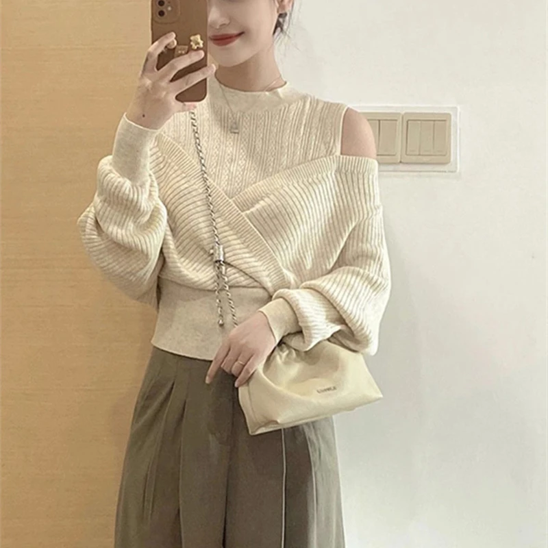 Fashion Long Sleeve Stand Collar Knit Sweater Women Pullovers Strapless Knitted Sweater Pullover Women Tops Sueters De Mujer N97