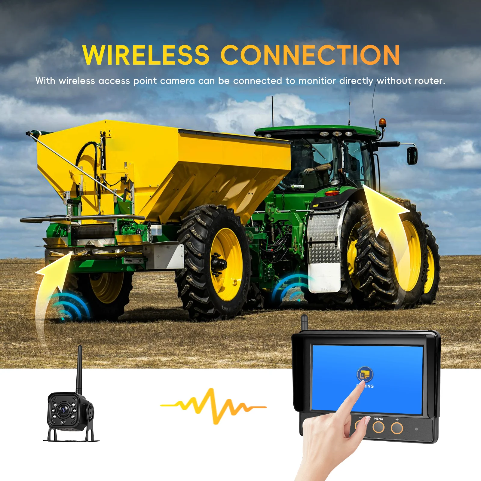 Podofo Kabelloser Auto-Monitor mit 720P Rückfahrkamera, Auto-Backup, IP68 Wasserdicht, BSD Manueller Fokus, Punkt-Warnung für Auto und LKW – Detail 6