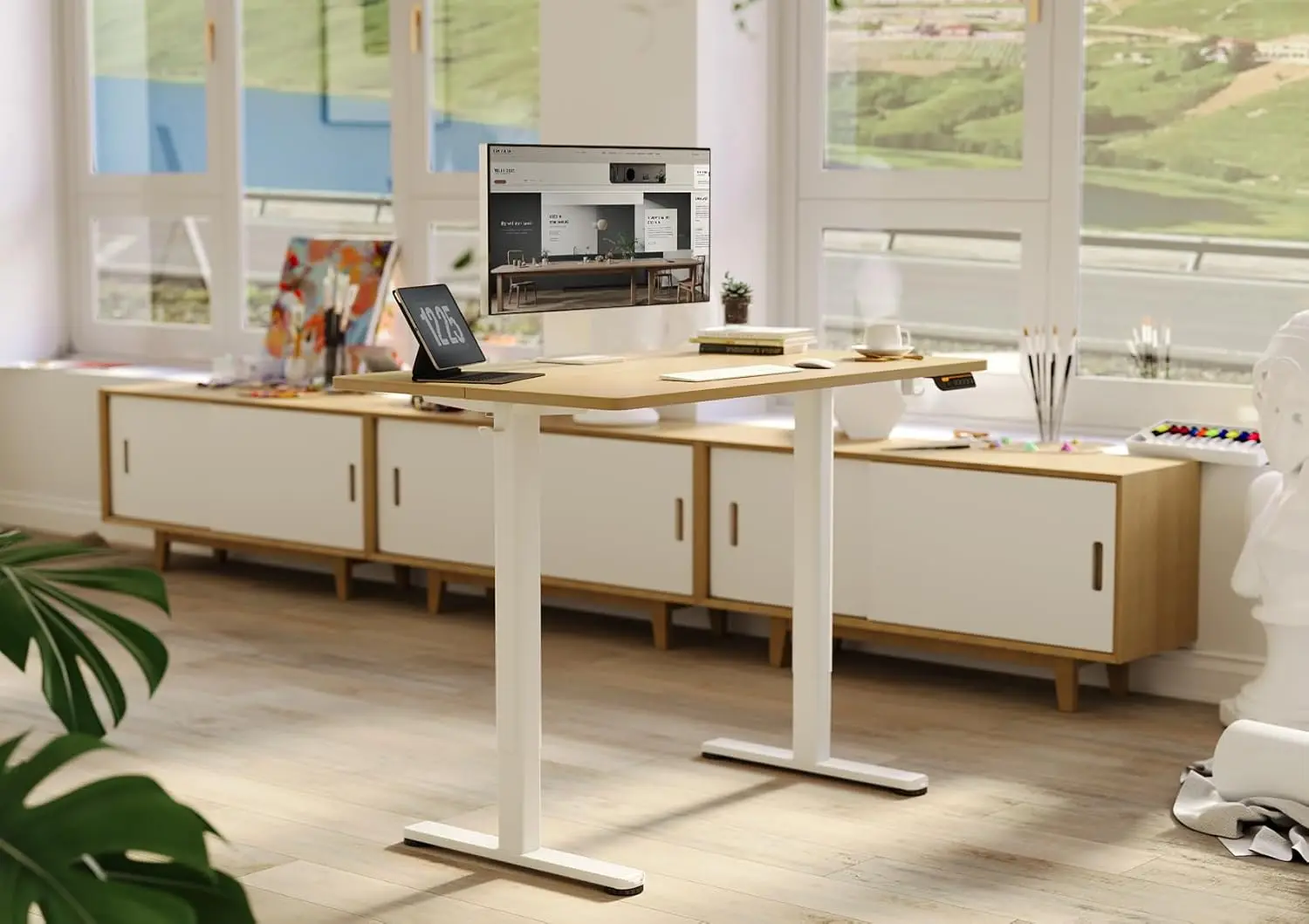 Sta-Bureau, Verstelbare Hoogte Opstaan Bureau, Inches Zitten Stand Thuis Bureau Met Splice Board, Wit Frame/Natuur Top