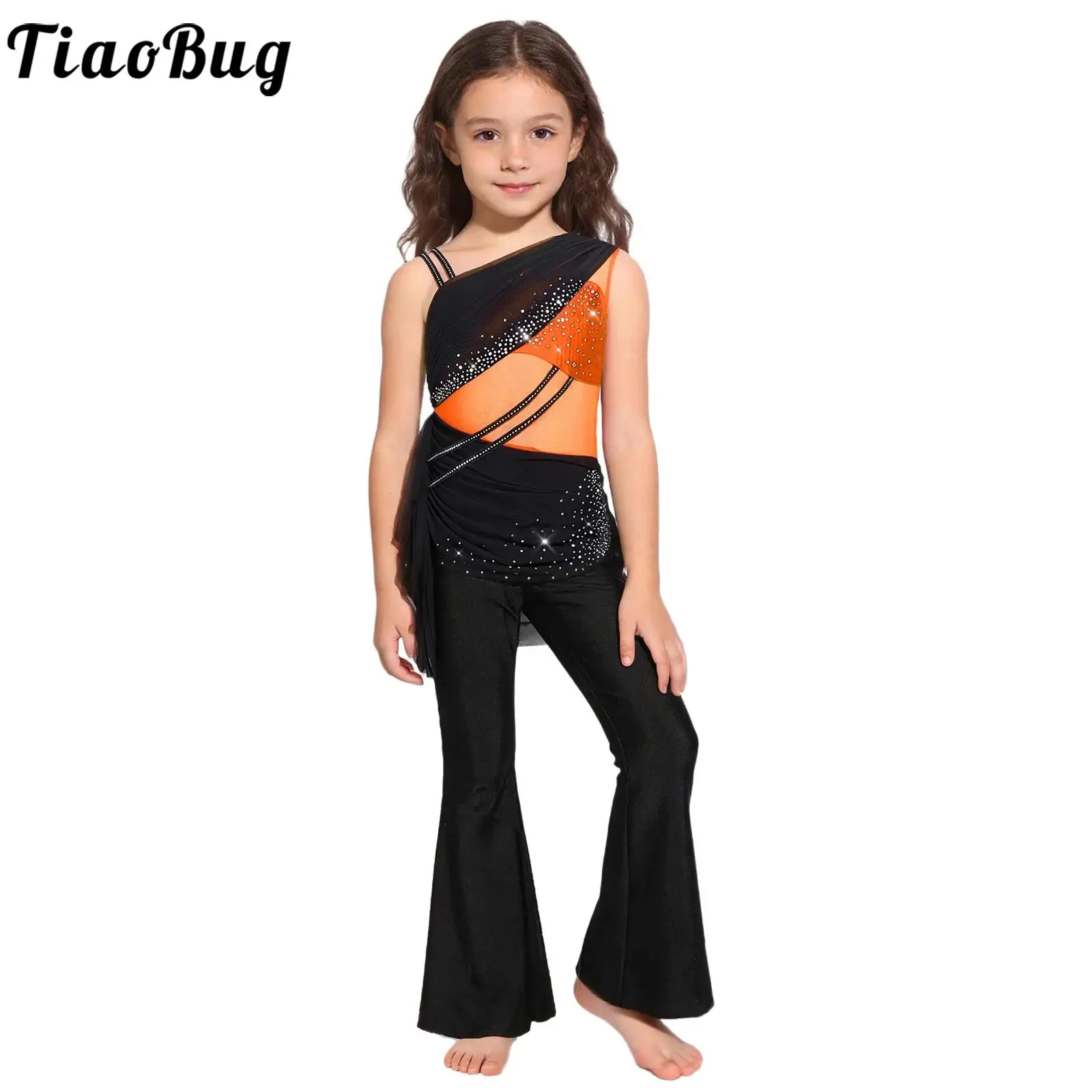 

Kid Girls Rhinestones Jazz Cha-cha Modern Dance Jumpsuit Mesh Ruched Overlay Asymmetrical Bodysuit Skating Performance Dancewear