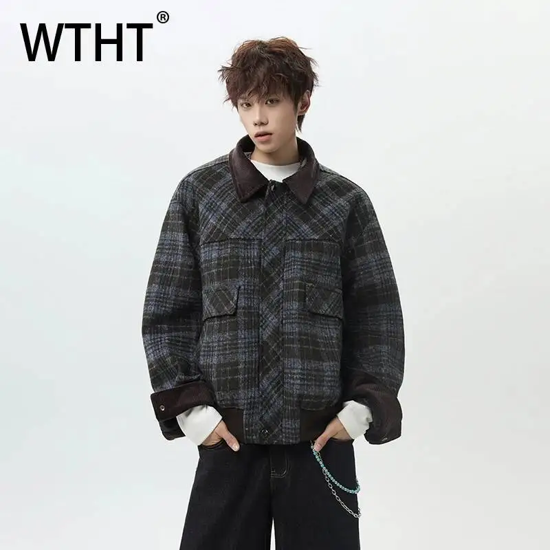 WTHT Fashion Men's Spliced Plaid Contrast Color Design Coat Trendy Turn Down Collar Zipper Casual Jacket Male 2026 Autumn 2A3125