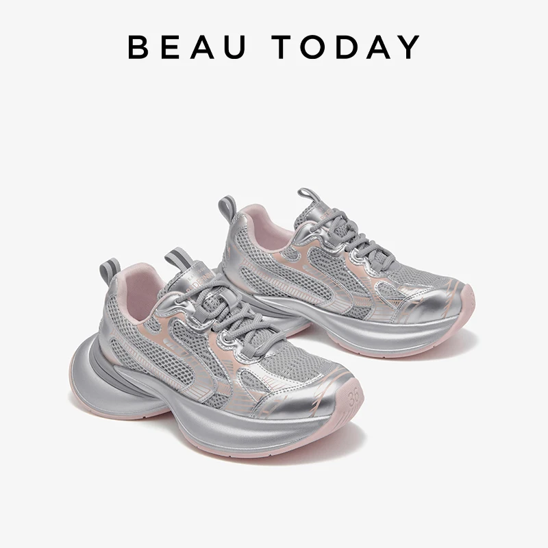 BEAUTODAY Casual Sneakers Women Split Leather Sick Sole Round Toe Mixed Colors Lace-up Trainers Ladies Shoes Handmade MS2C017