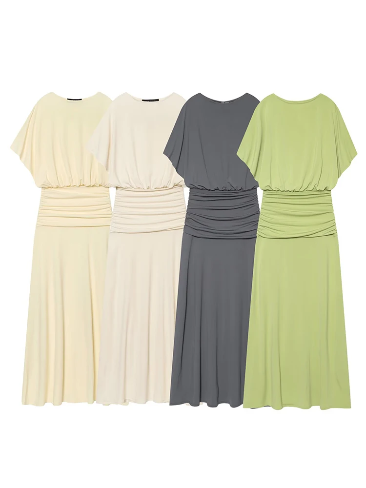TFMLN Damen Wickelkleid Lange Kleider Neue Mode Kurzarm Plissiertes Tailliertes Kleid Lässiges Elegantes Einfarbiges Damenkleid