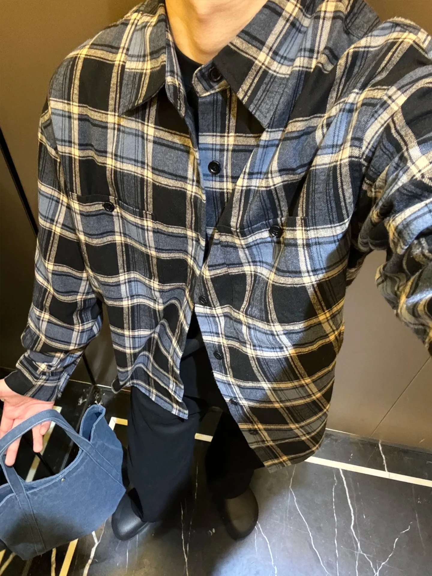 

Retro Blue Plaid Long Sve Men's irt Early Spring American Casual Loose Commuter Versatile Workwear Jaet