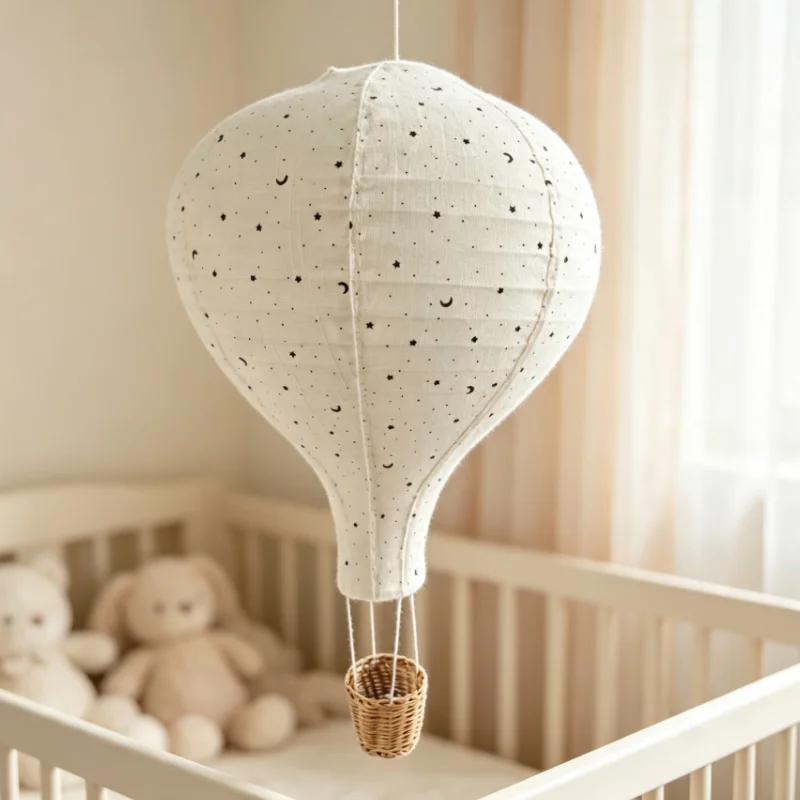 Starry Moon Fabric Hot Air Balloon Hanging Decor, Woven Basket Accent for Bedroom & Photo Shoot, Nordic Style Wall Ornament