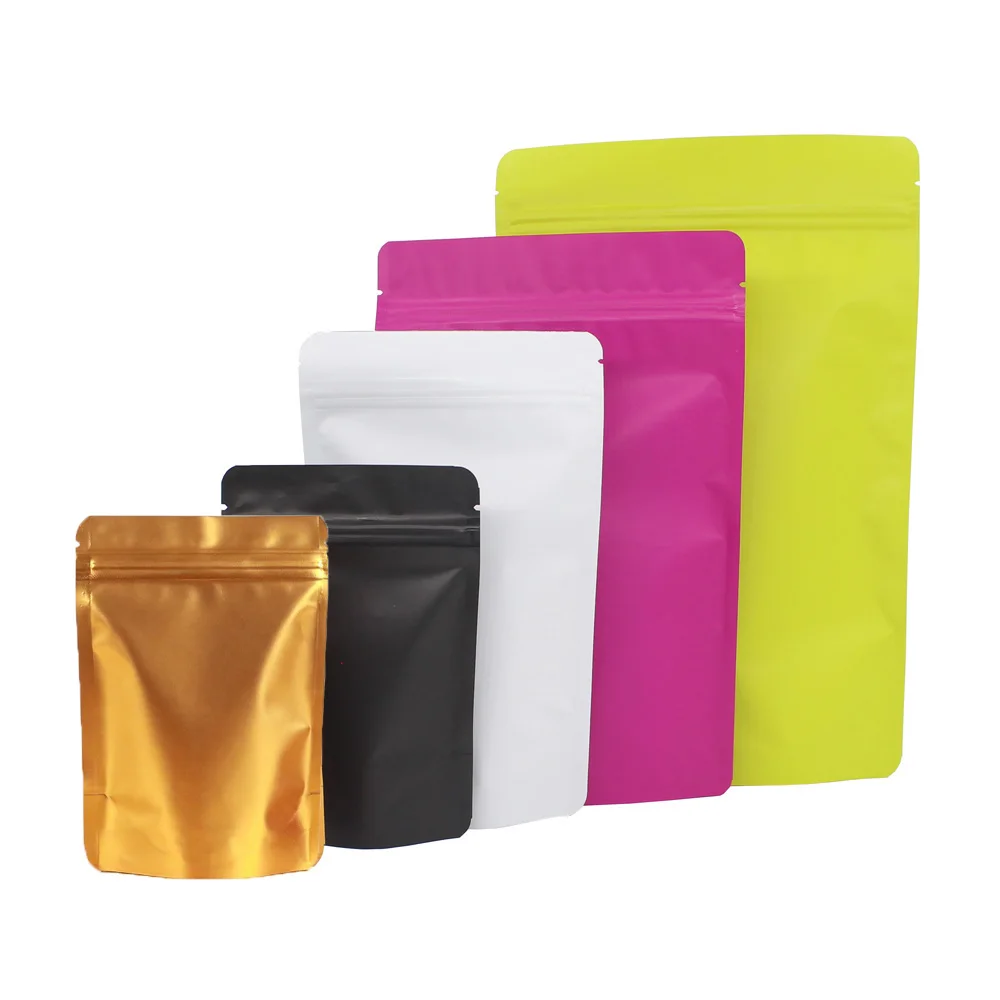 Various Sizes 50pcs Matte Green/ Blue/ Gold/ White/ Black Aluminum Foil Plastic Ziplock Packaging Bags Stand Up Zip Lock Pouches