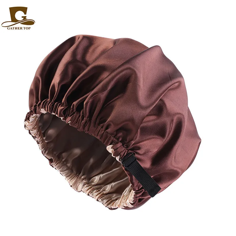 Satin Nightcap Shower Cap Bath Cap Women Invisible Flat Adjustment Buckle Simulated Silk Double Round Cap Beauty Salon Hat