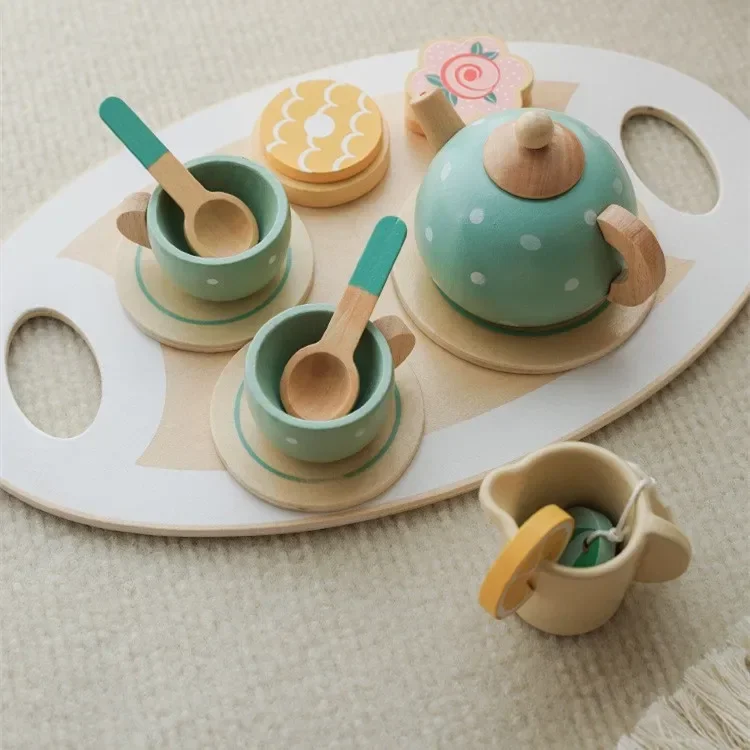 High Quality Wooden Simulate Furniture tea set Dessert Afternoon Tea cookie Play house Interactive Toys baby girl Christmas gift