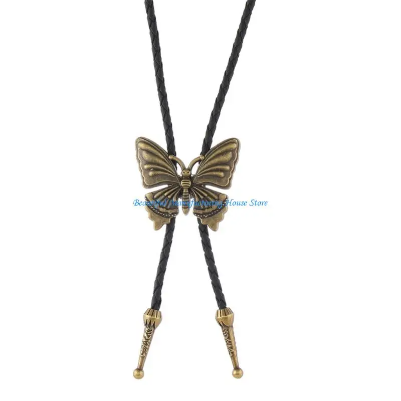 E56A Lightweight Cowboy Bolo Tie Necktie With Alloy Butterfly Pendant Leather Cord Necklace For Daily Wear and Rodeos Event