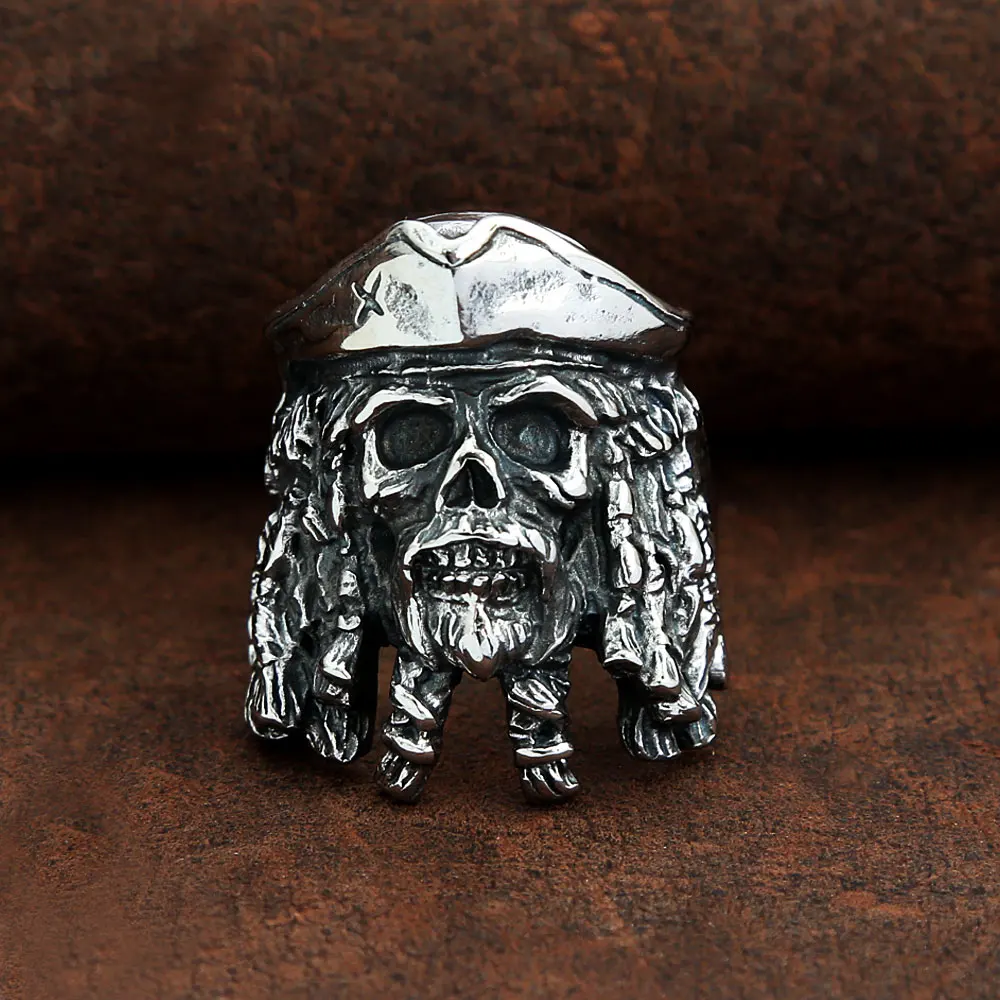 Gothic Pirates of the Caribbean Captain Jack Skull Stainless Steel Ring For Men Fashion Punk Hip Hop Biker Ring Jewelry Gift