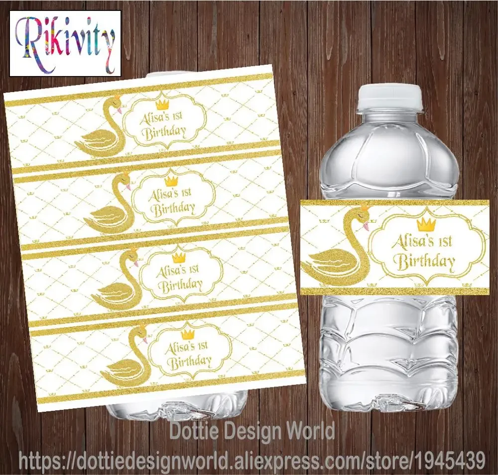 Gold Crown Swan Birthday Water Bottle Label Juice Pouch Stickers Candy Wrapper Circuncision Baby Shower Wedding Party Supplies