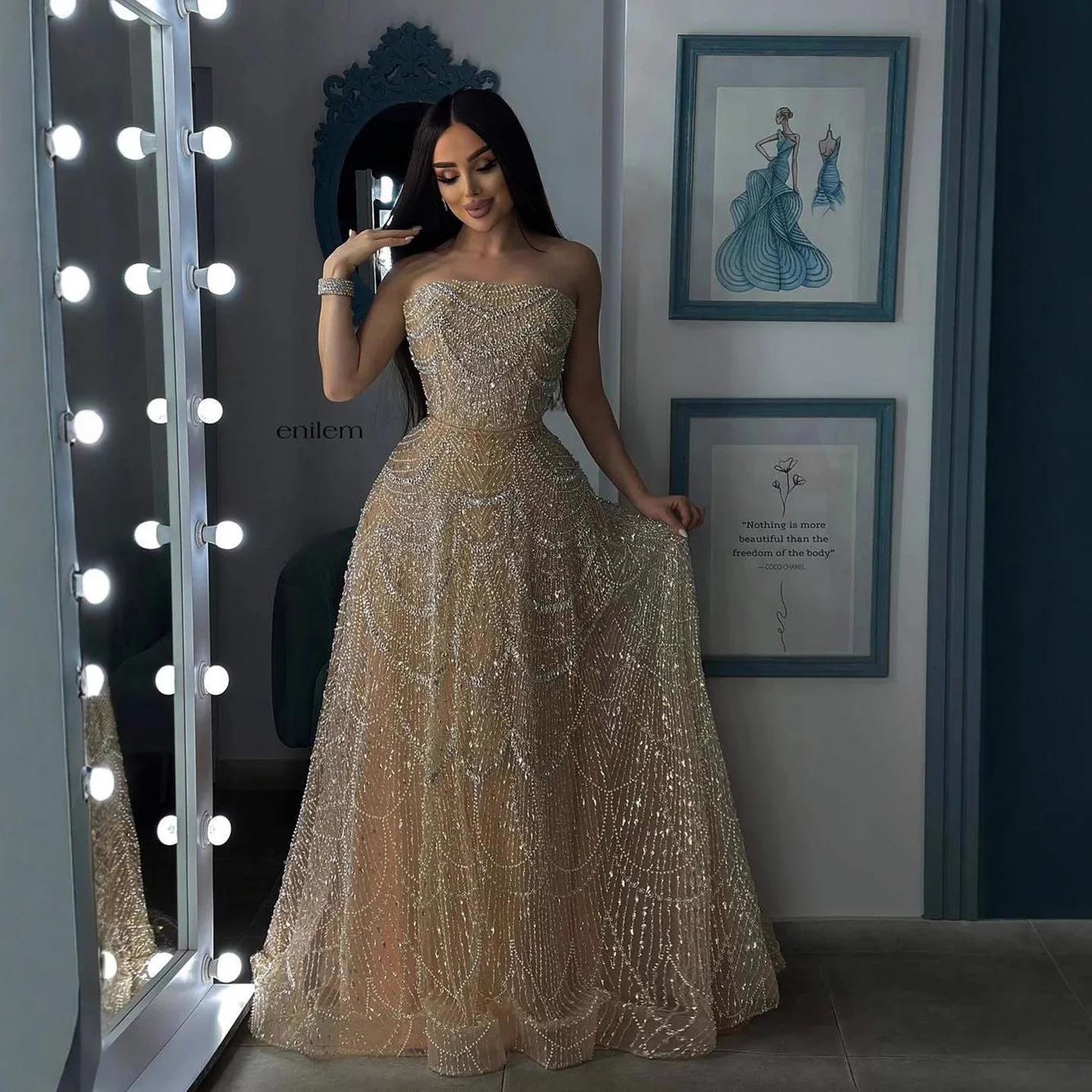 

Custom Luxury Nude A Line Beaded Evening Dress Pearls And Crystals Suitable For Formal Occasions فساتين سهرة