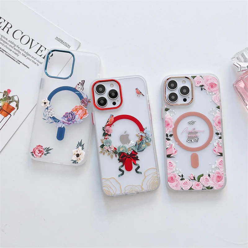 Original Magsafe Animation Magnetic Wireless Charging With Flower Painting Shockproof Case for iPhone 13 12 Pro Max Clear Cover