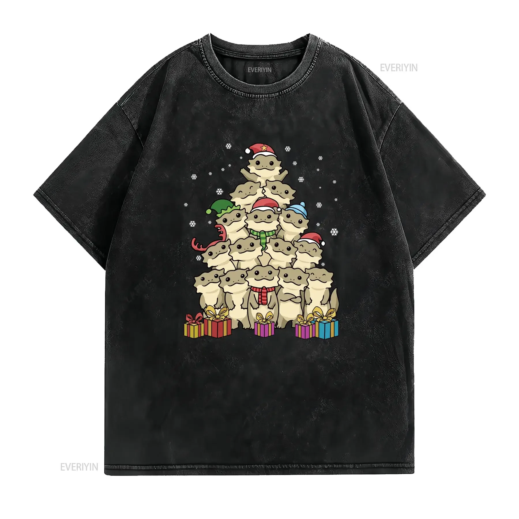 Bearded Dragon Christmas Tree T shirt vintage Washed Unisex Top For Everyday Wear streetwear Slightly Casual Breathable