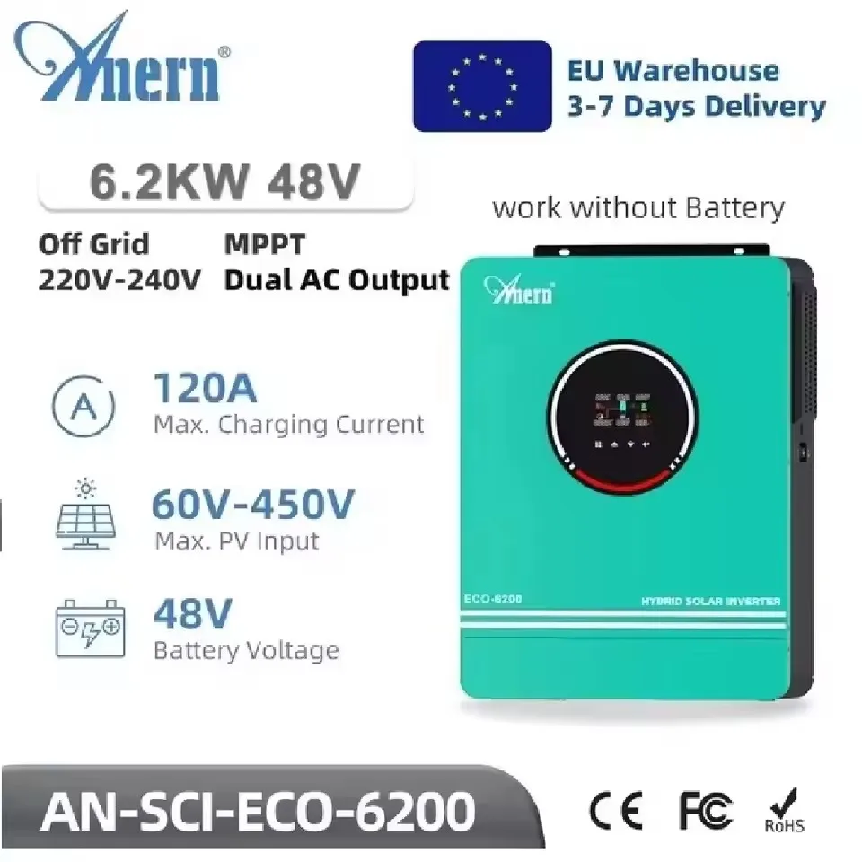 

6.2KW Hybrid Solar Inverter 12V 24V 48V Photovoltaic Hybrid Inverter Max PV 500V Build in MPPT 120A 80A Charger